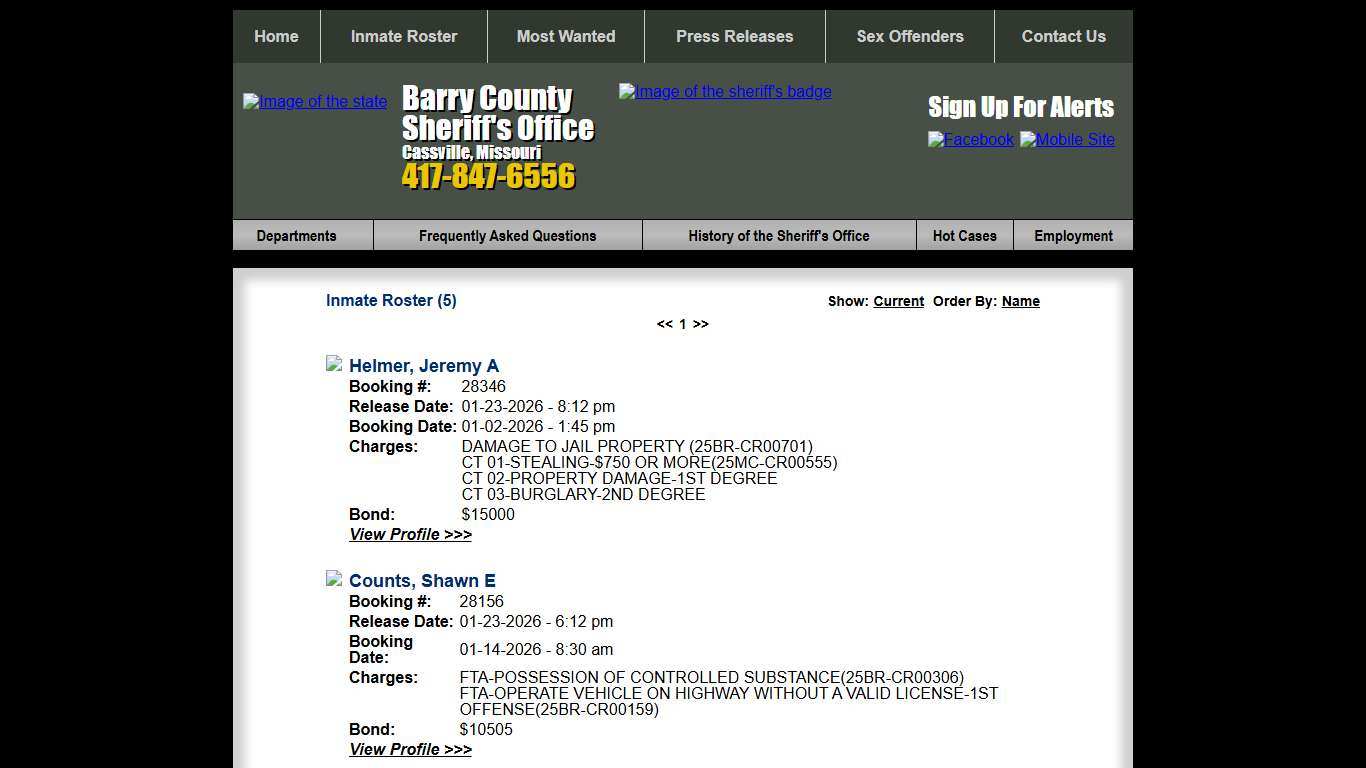Inmate Roster - Page 1 Released Inmates Booking Date Descending - Barry County Sheriff MO
